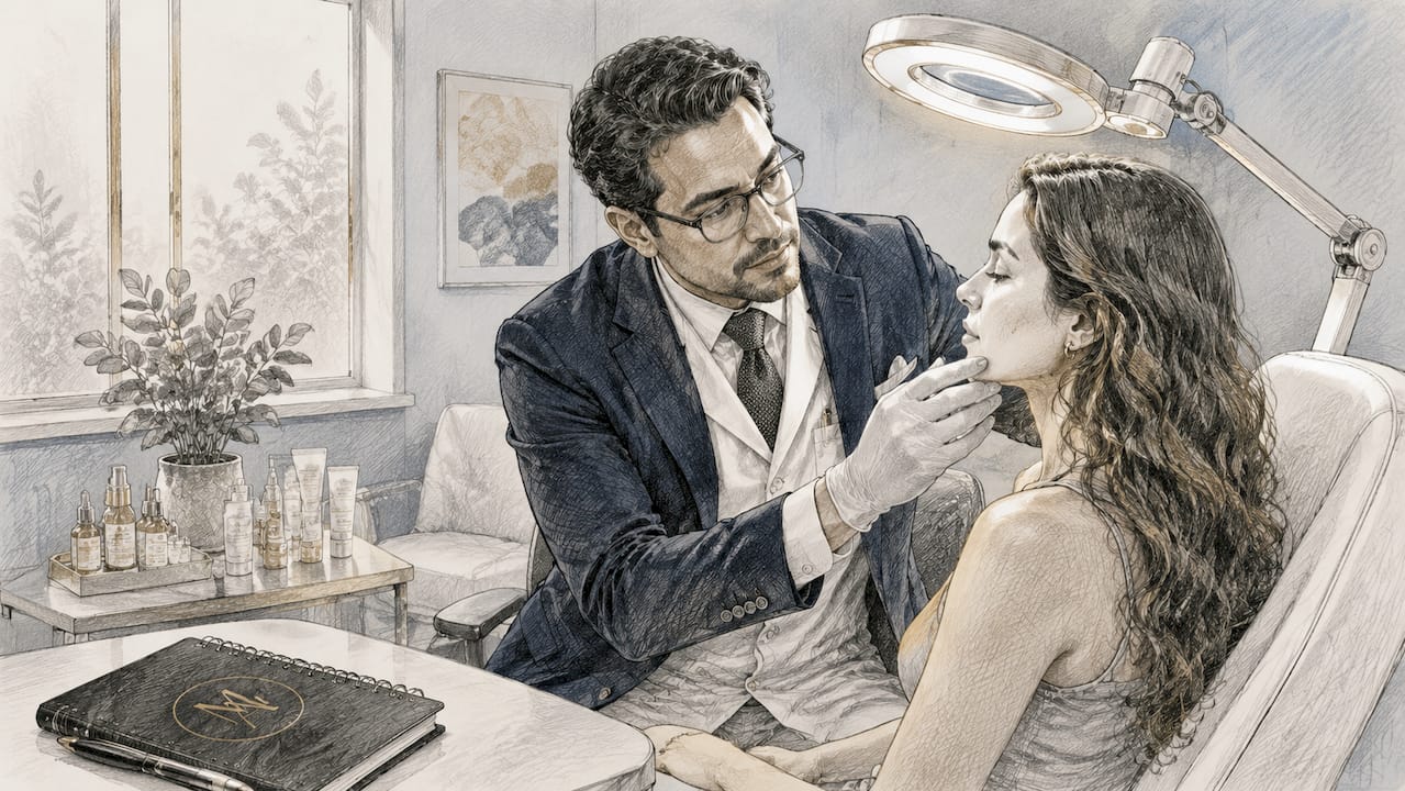 Dermatologist examining patient’s facial skin