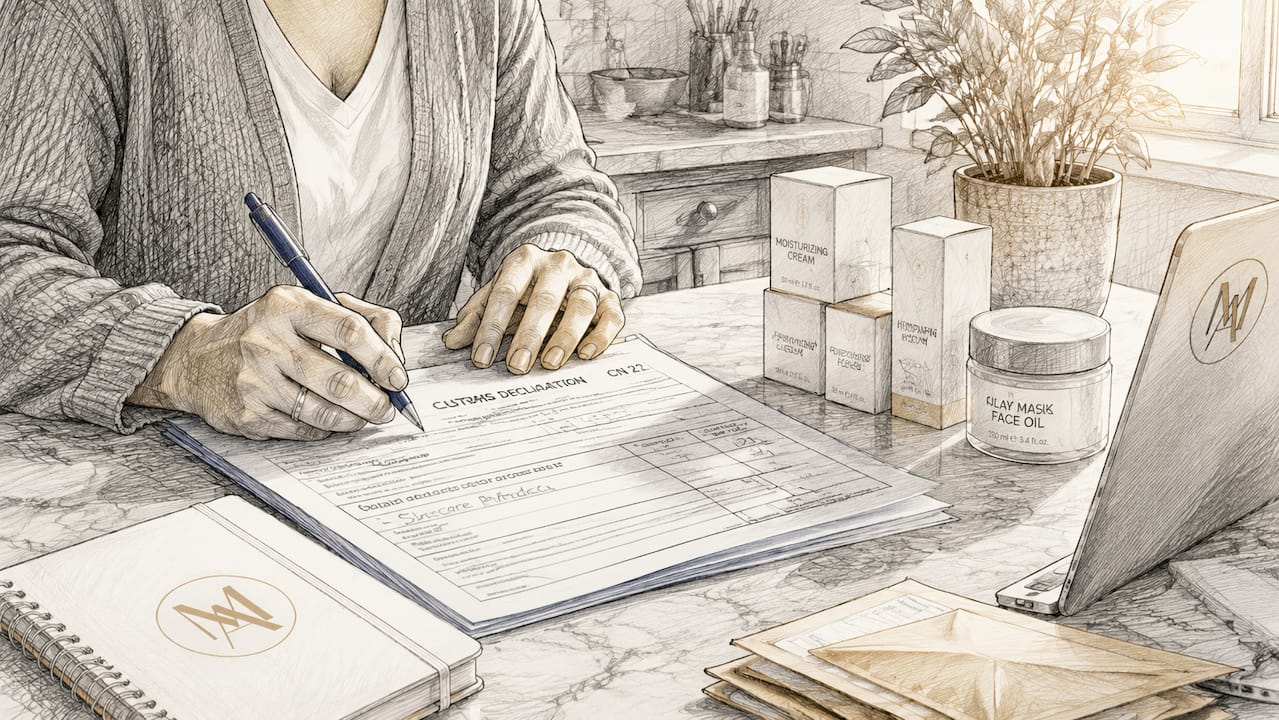 Hands completing customs forms for skincare shipment