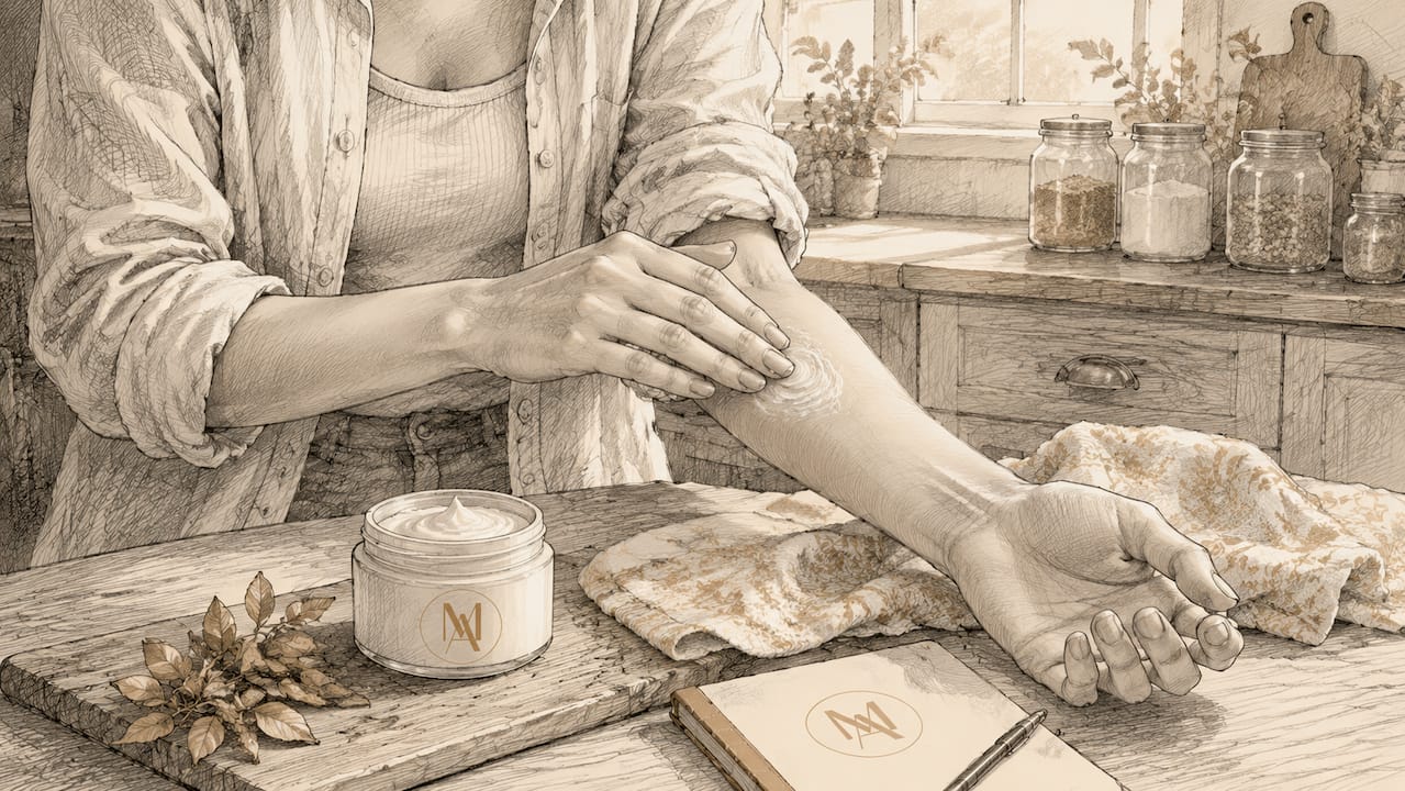 Hands applying skin barrier repair cream in bathroom