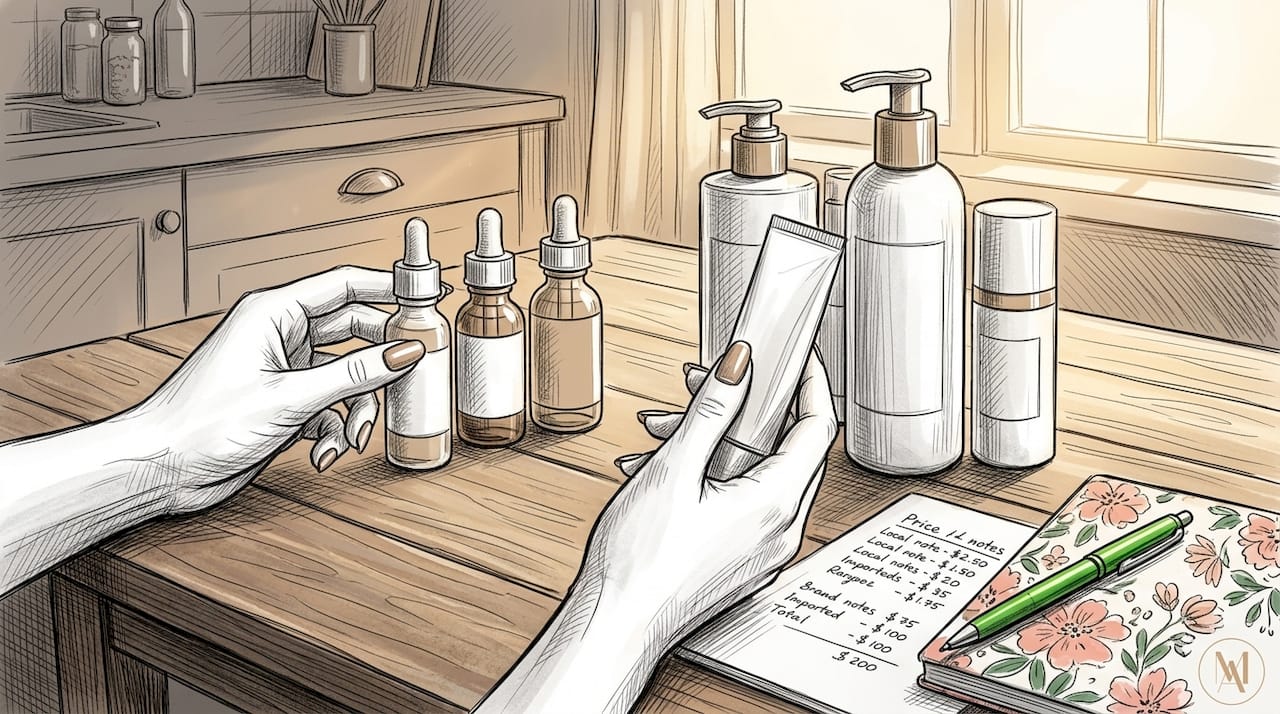 Hands comparing skincare package sizes and prices