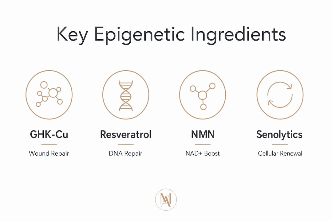 Infographic showing key epigenetic skincare ingredients and effects