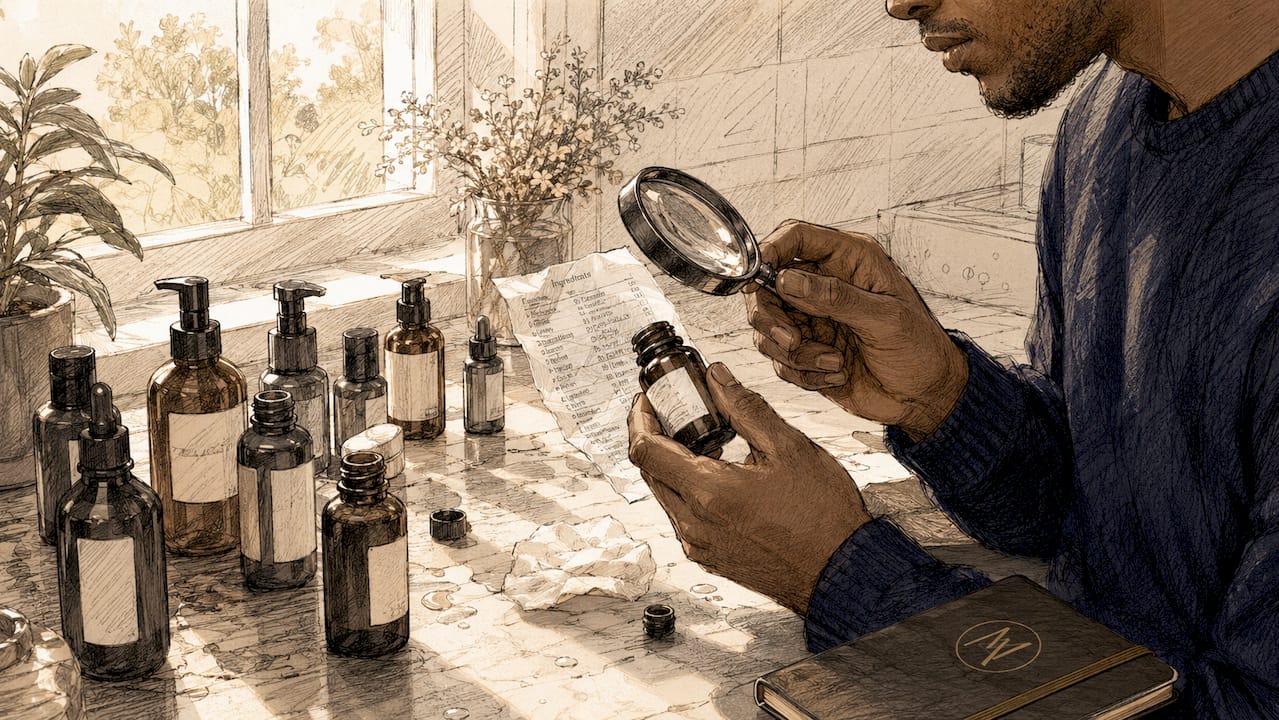 Hands inspecting skincare product ingredients closely