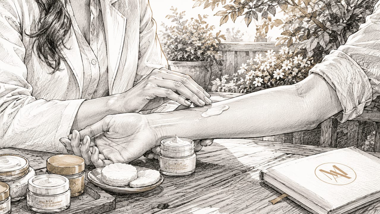 Hands applying topical pigmentation cream in clinic