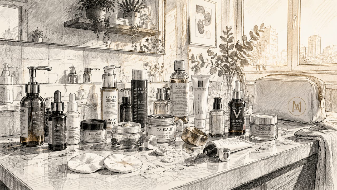 Overcrowded skincare products on vanity surface