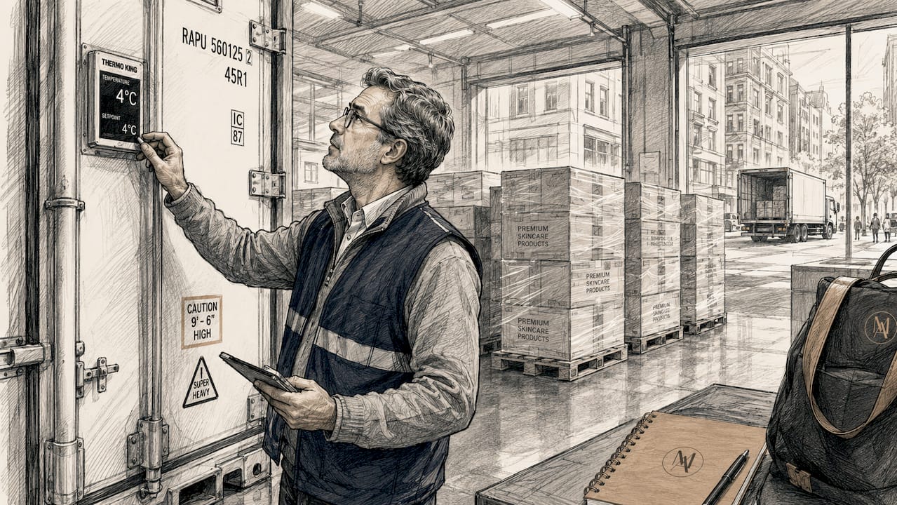 Logistics specialist checking refrigerated skincare shipment