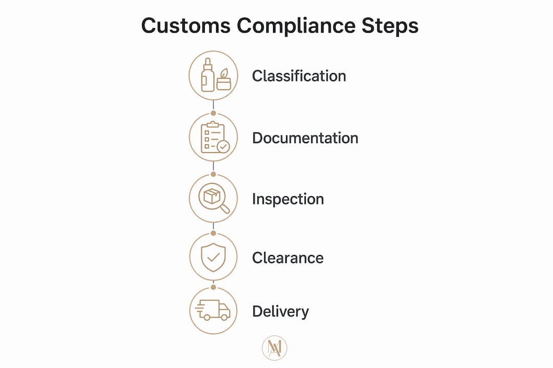 Infographic showing customs compliance steps for skincare shipments