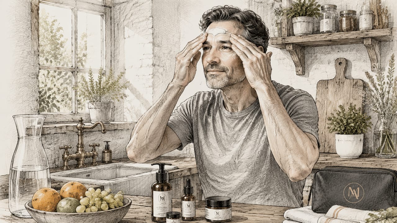 Man moisturizing acne prone skin indoors