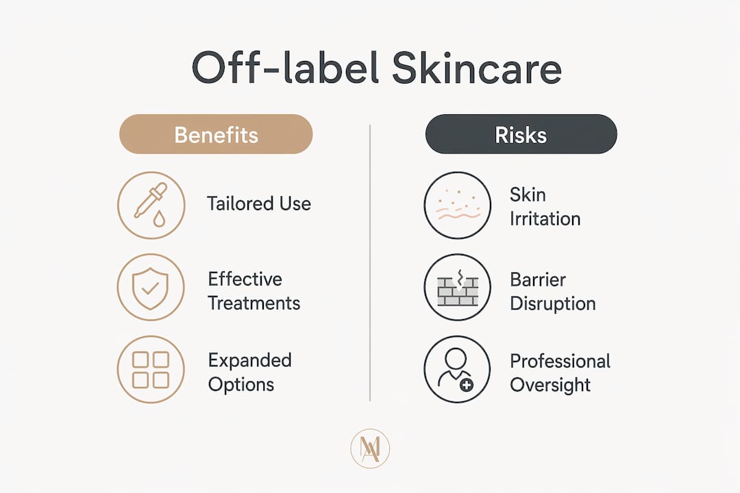 Infographic comparing benefits and risks of off-label skincare