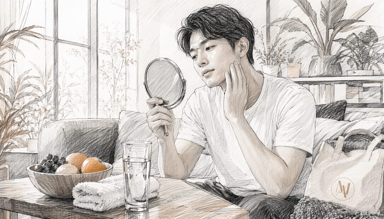 Young man observing his skin after cleansing