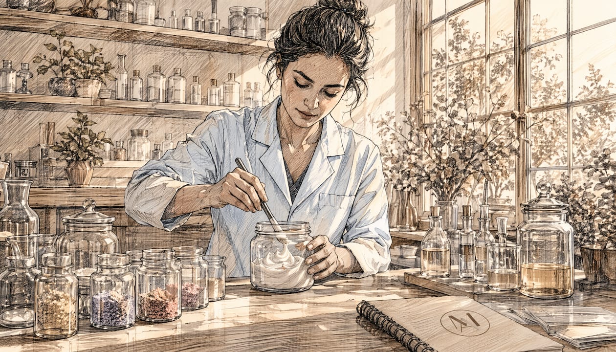 Hands mixing custom skincare ingredients in lab