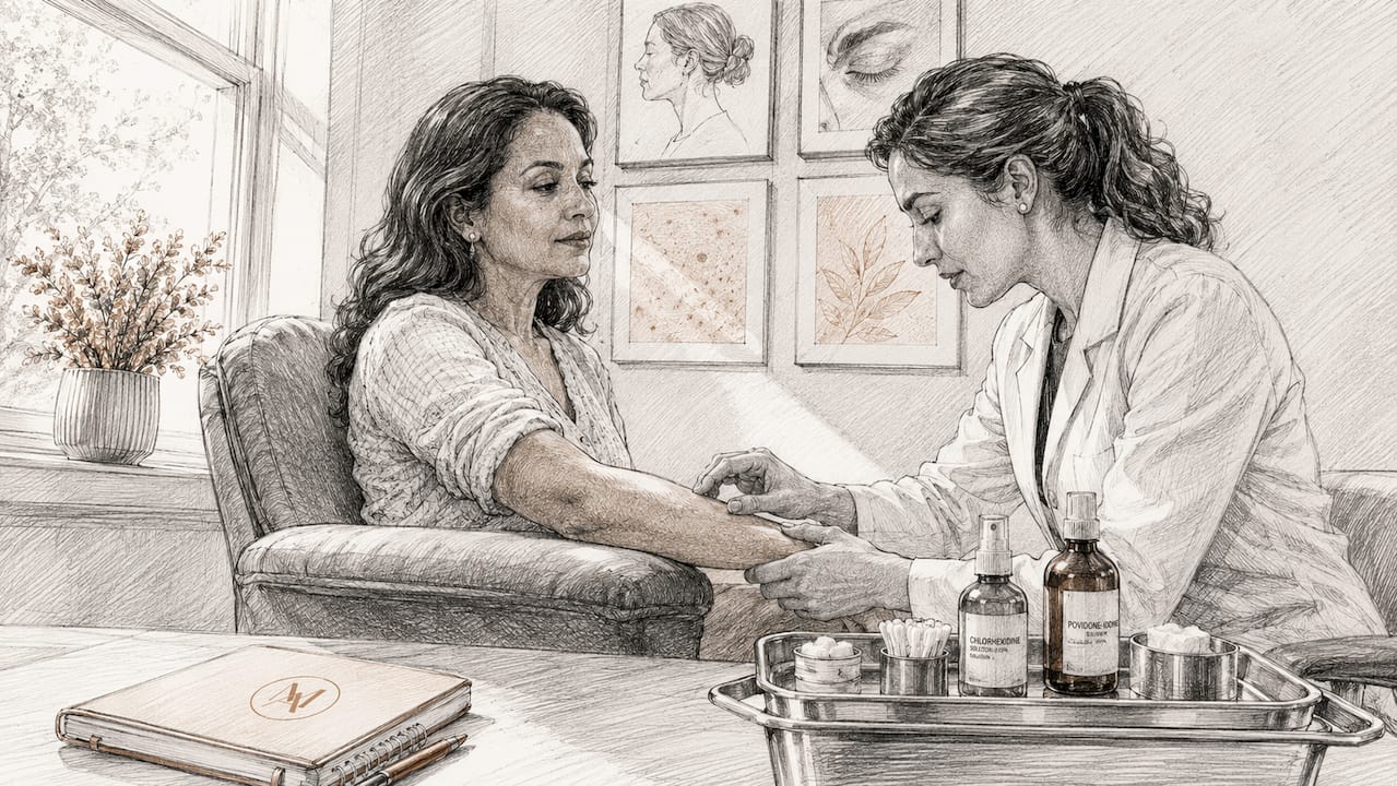 Clinician examining patient skin pre-treatment