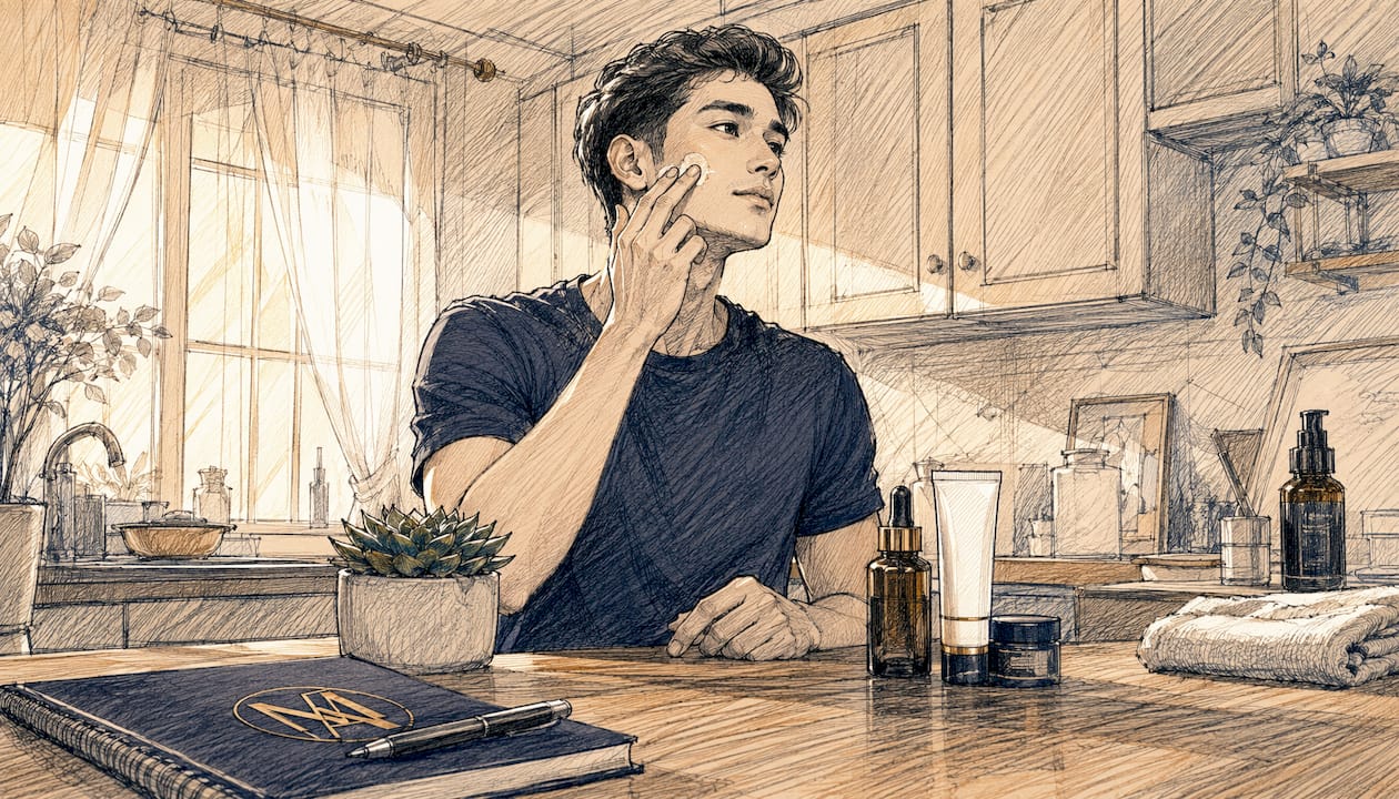 Man applying serum in bathroom