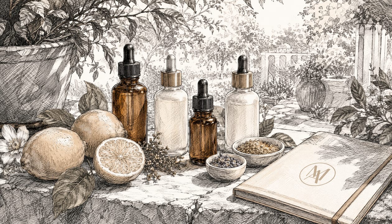 Assorted serum bottles with natural ingredients