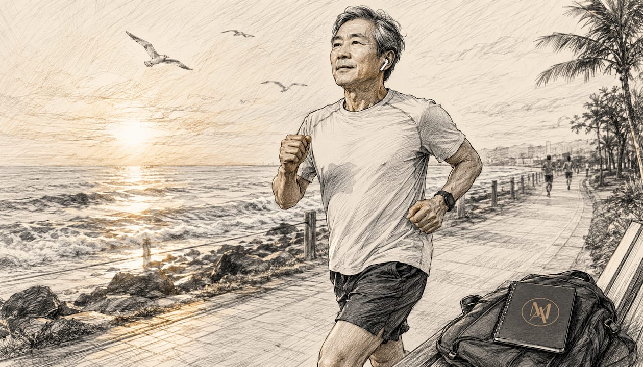Senior man jogging on park trail in afternoon light
