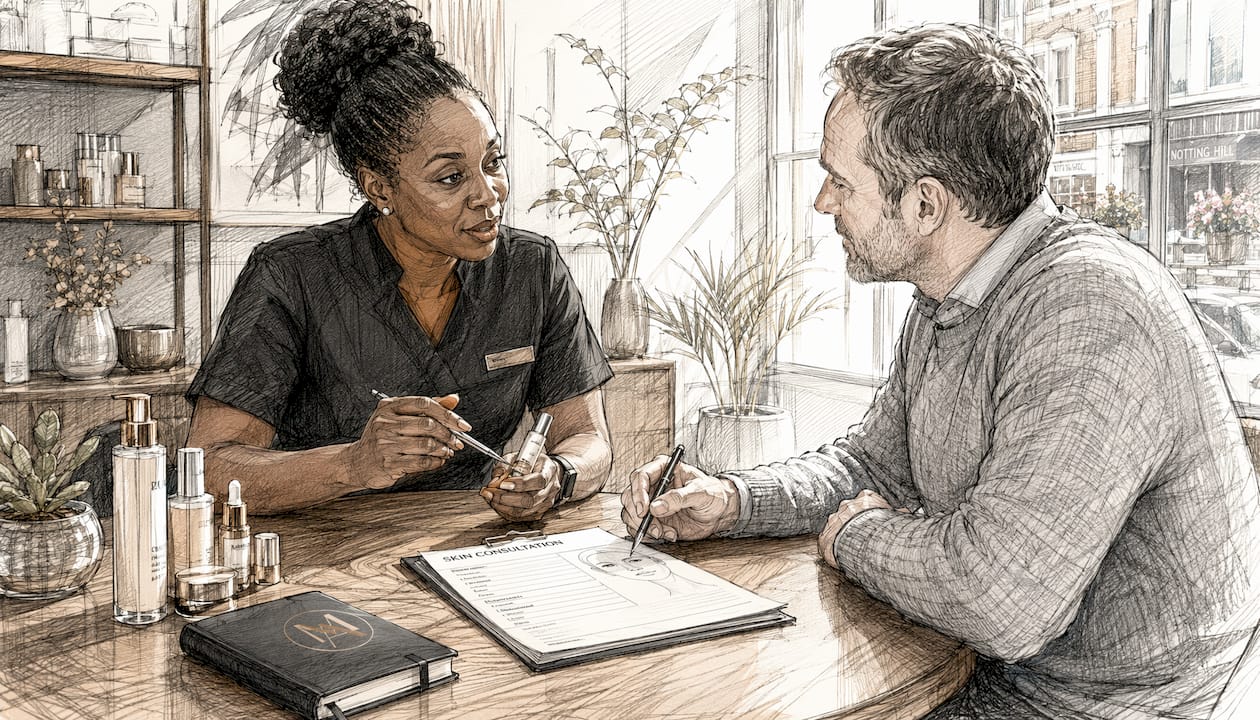 Clinician consulting UK patient in dermatology office