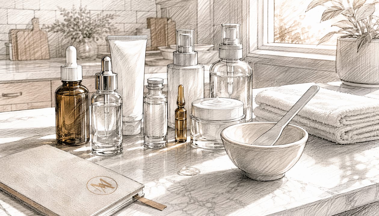 Overhead view of medical-grade skincare products