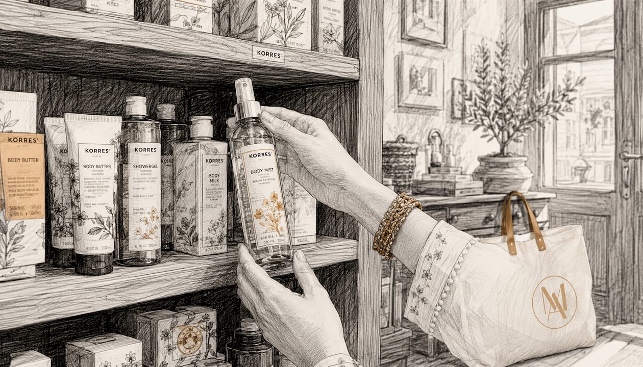 Customer selecting Korres skincare product on shelf