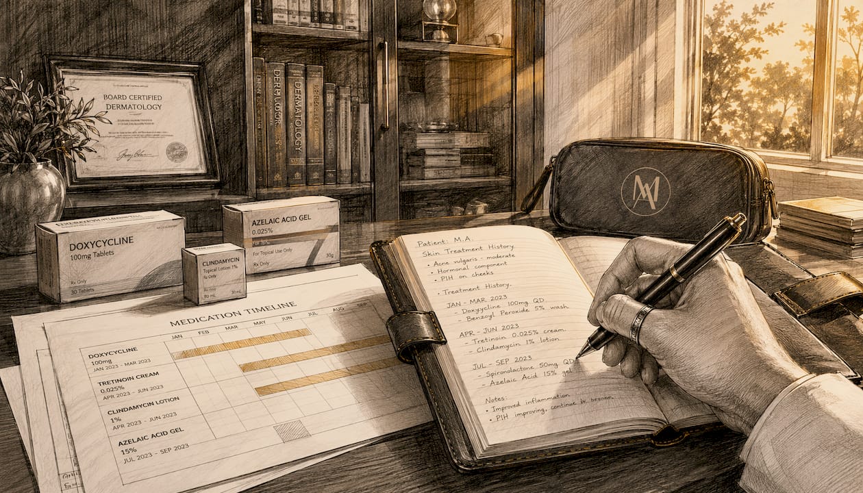 Dermatologist’s desk with medication timeline documents