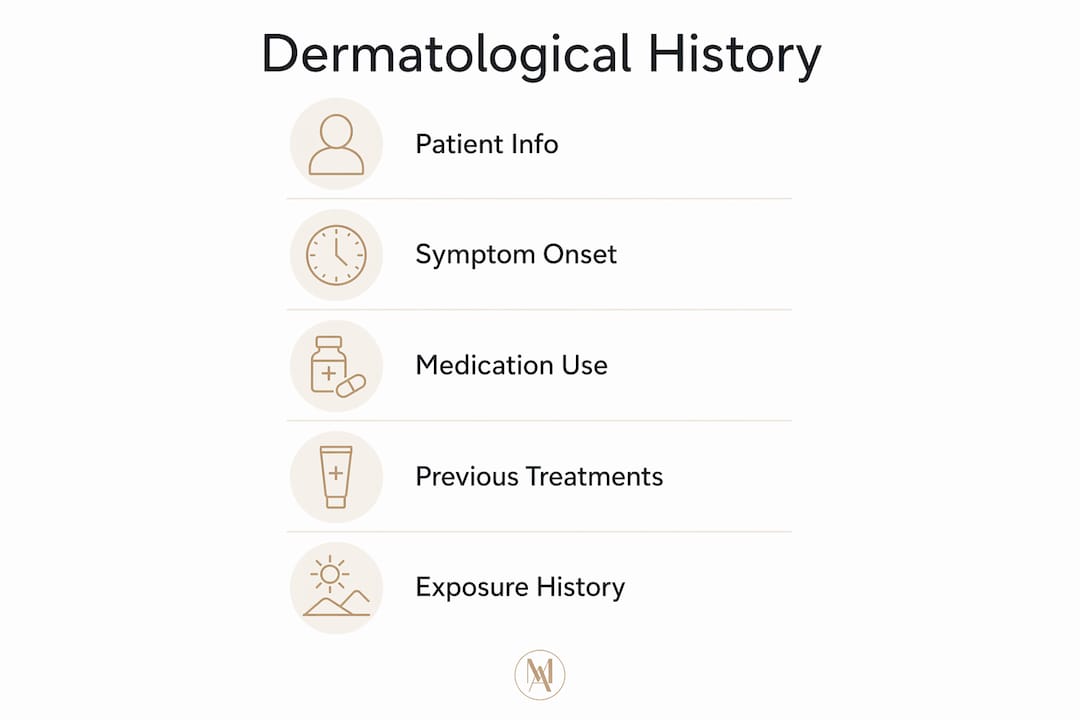 Infographic showing dermatological history checklist steps