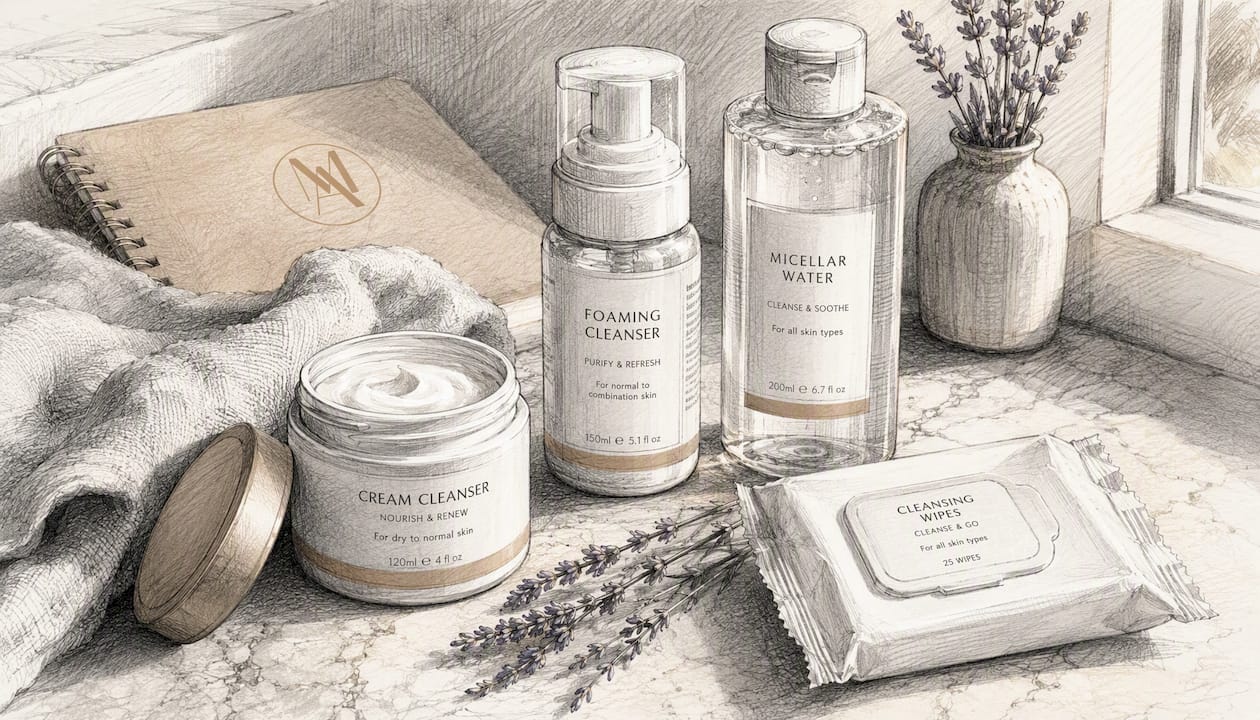 Top view of various facial cleanser formats on wooden table
