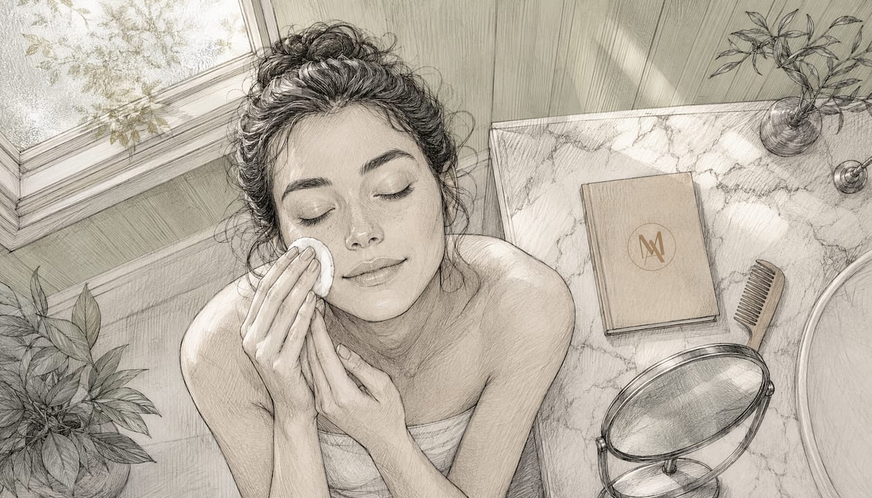 Close-up hands applying cotton pad to cheek for skin test