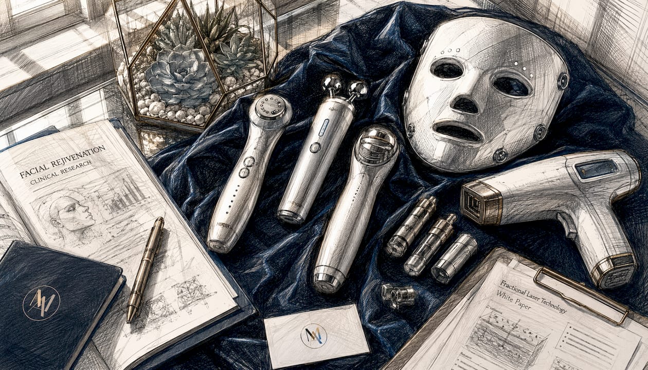 Flat lay of various skincare devices on textured cloth
