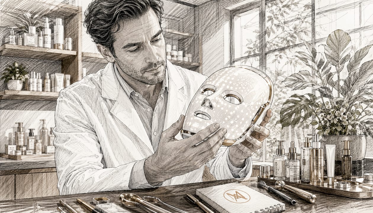 Hands holding LED facial mask in clinical setting