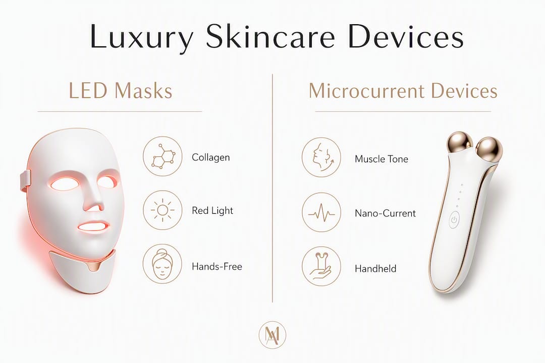 Infographic comparing LED masks and microcurrent devices