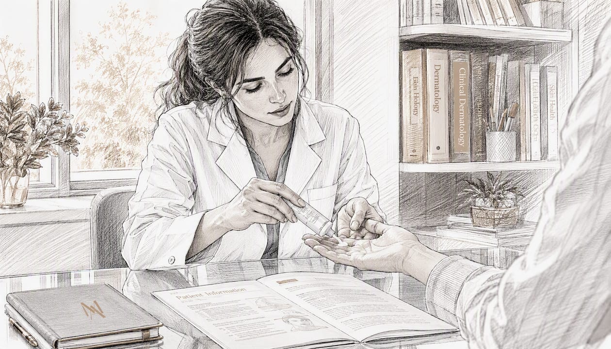Dermatologist's hands holding prescription cream and notes
