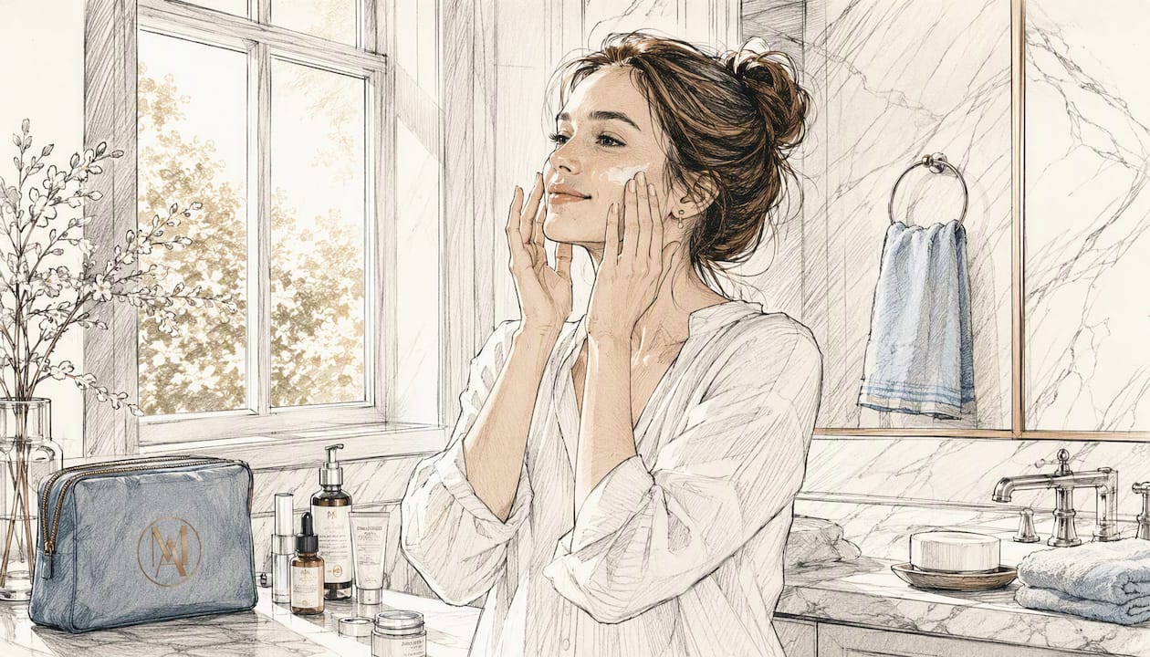 Woman applying moisturizer at home in sunlight