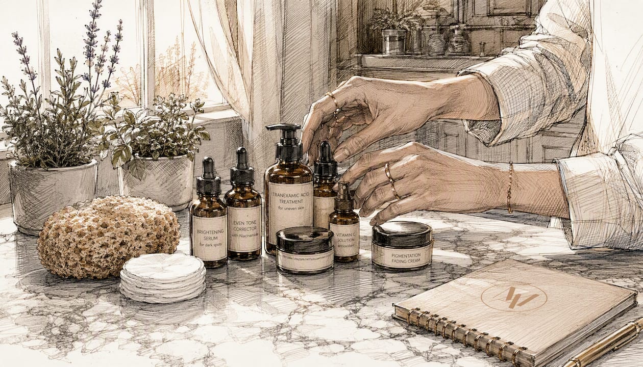 Hands holding topical pigmentation treatments
