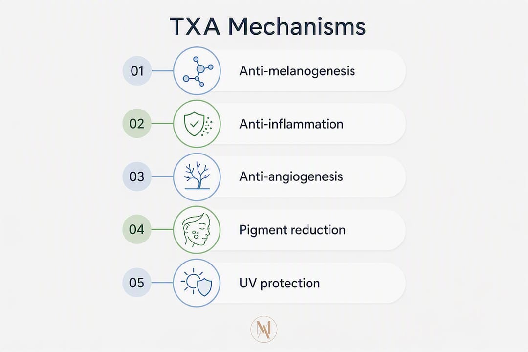 Infographic outlining tranexamic acid effects on skin pigmentation