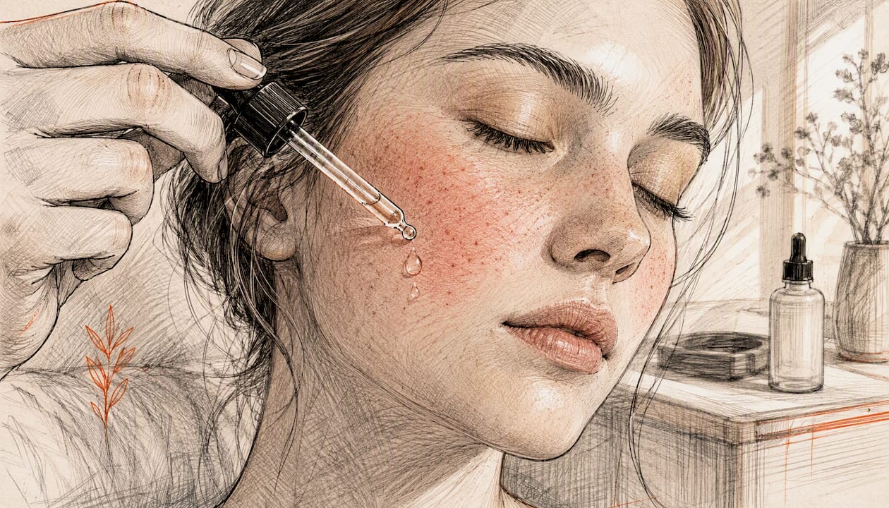 Hand applying soothing serum to red skin