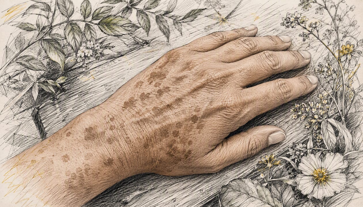 Close-up of skin showing pigmentation irregularities