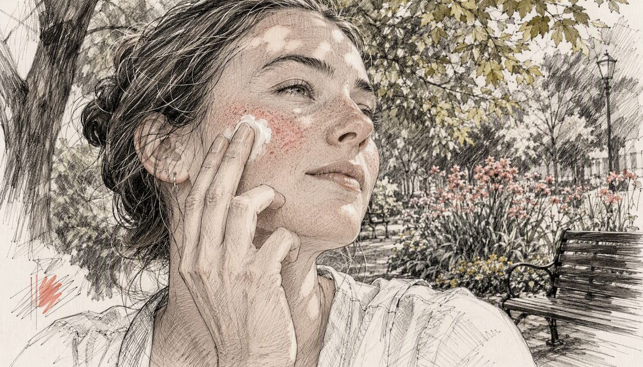 Applying sunscreen on rosacea-prone cheeks outdoors