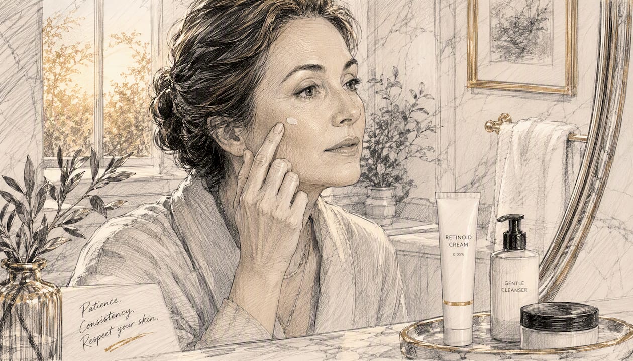 Person carefully applying retinoid cream