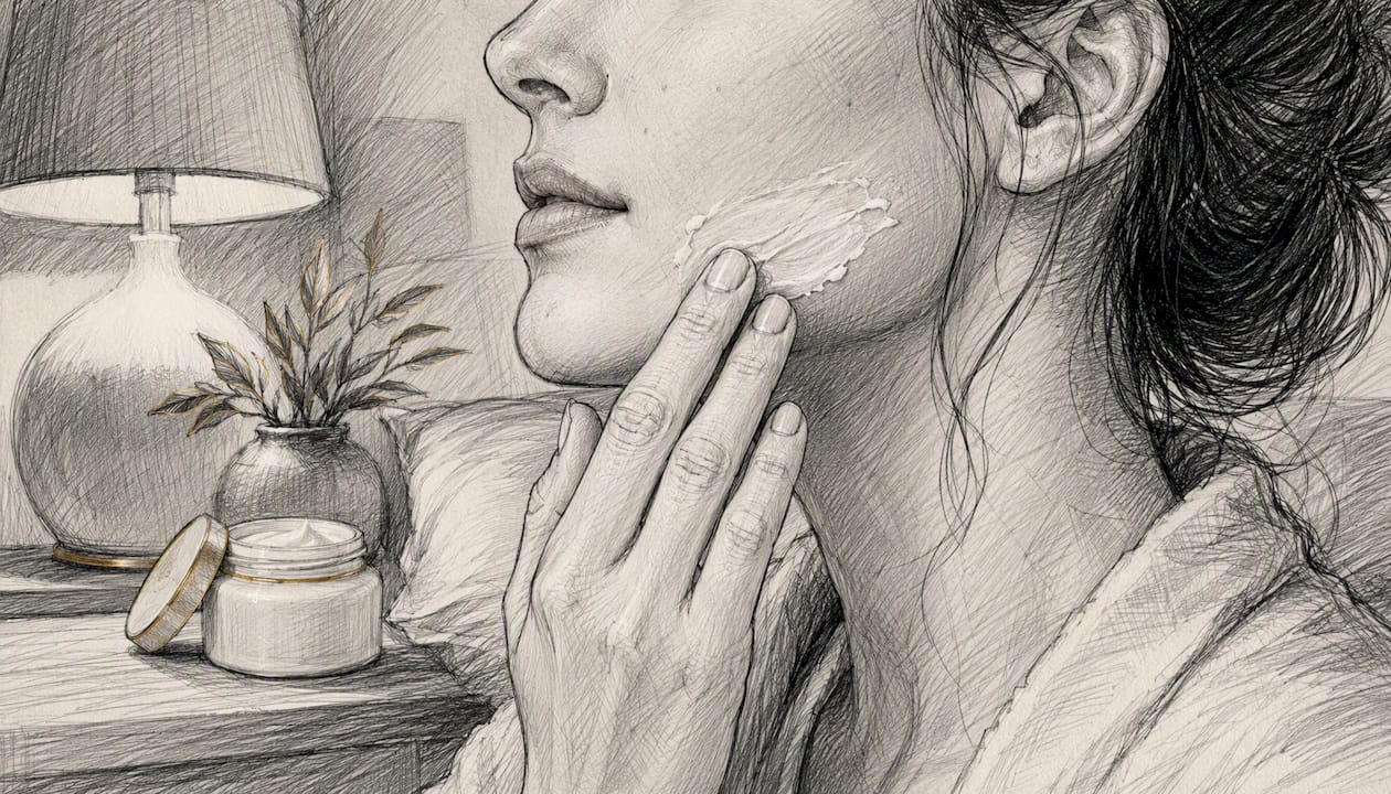 Hand applying cream to face in evening routine