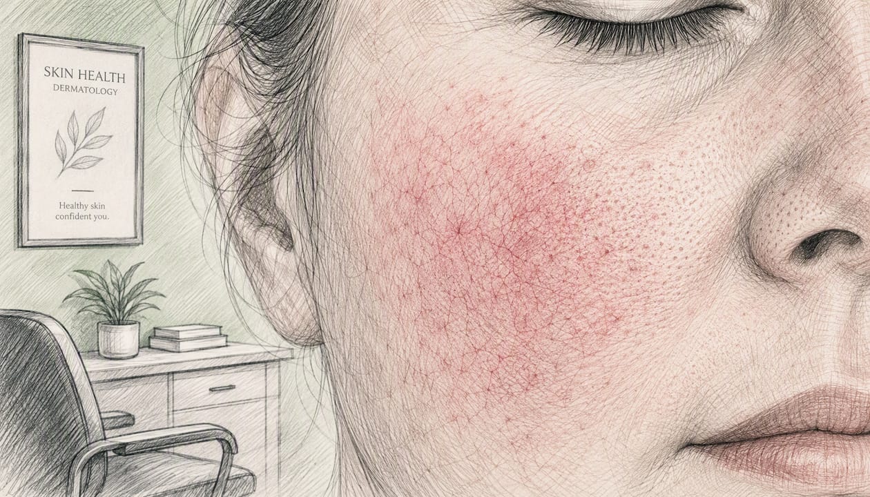 Close-up inflamed facial skin with redness