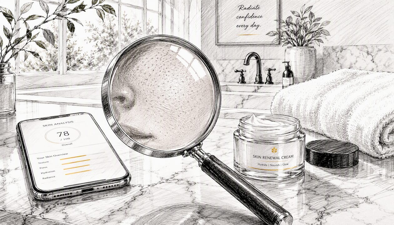 Magnifying glass and skincare tools on bathroom counter