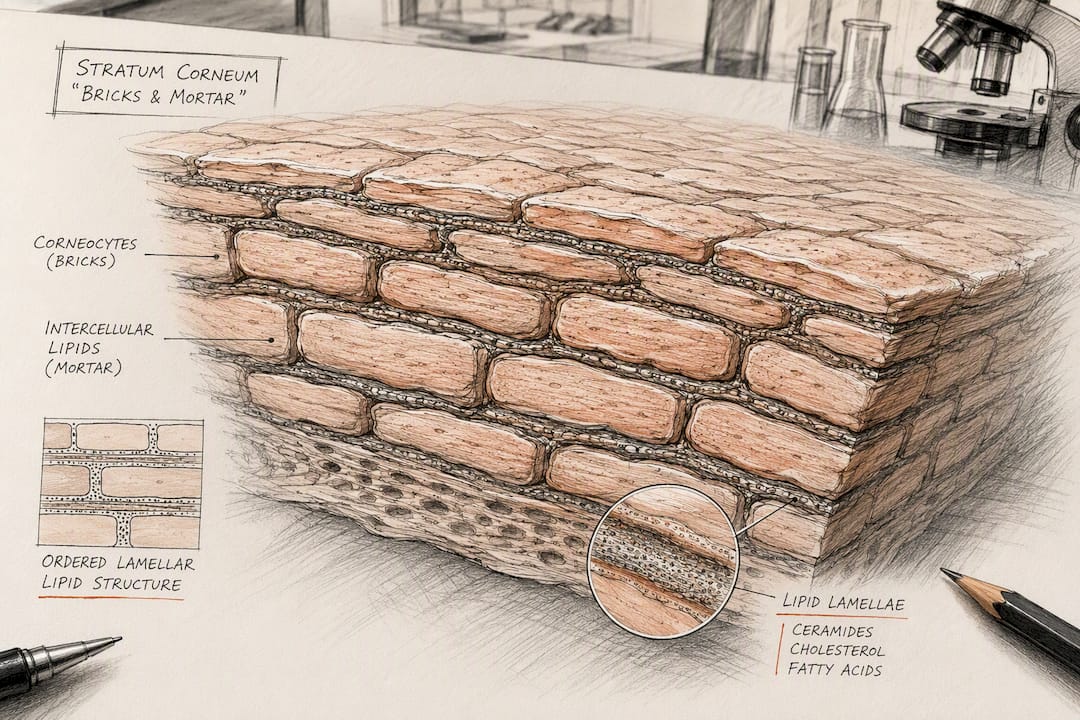 Macro of skin cells layered like bricks and mortar