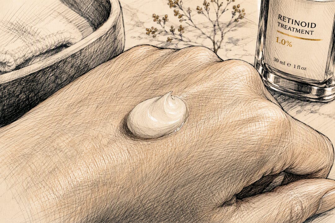 Close-up of retinoid cream texture on hand