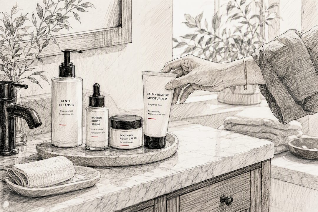 Hand reaching for gentle serum on bathroom counter