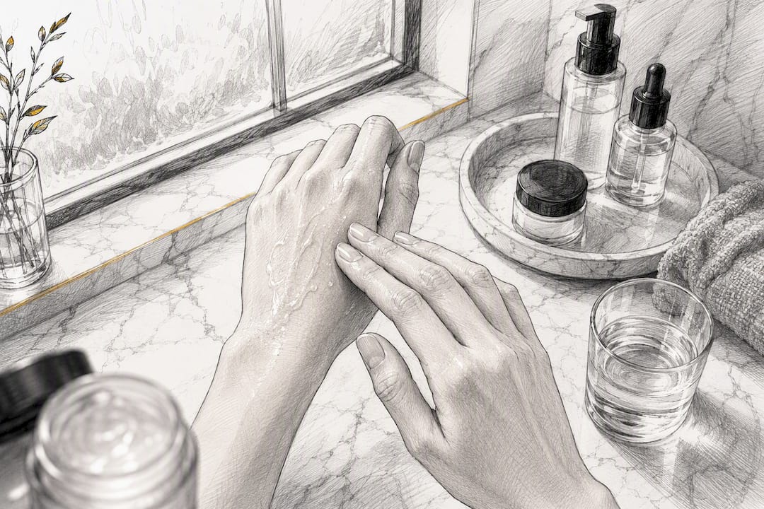 Hands applying gel cream moisturizer to skin