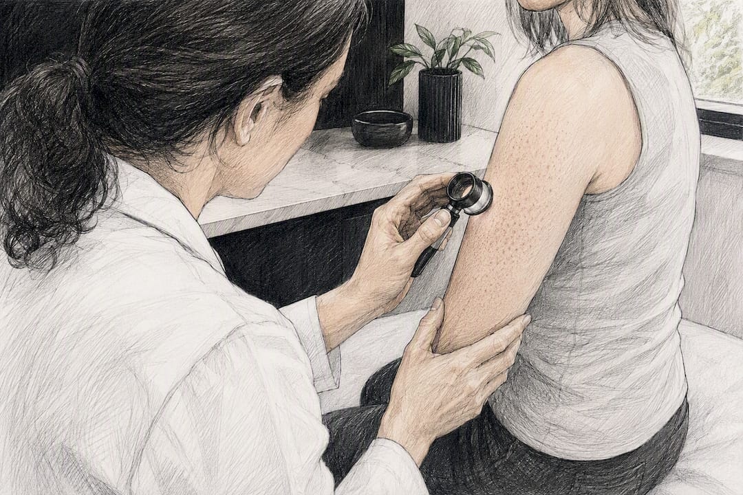 Dermatologist assessing upper-arm skin