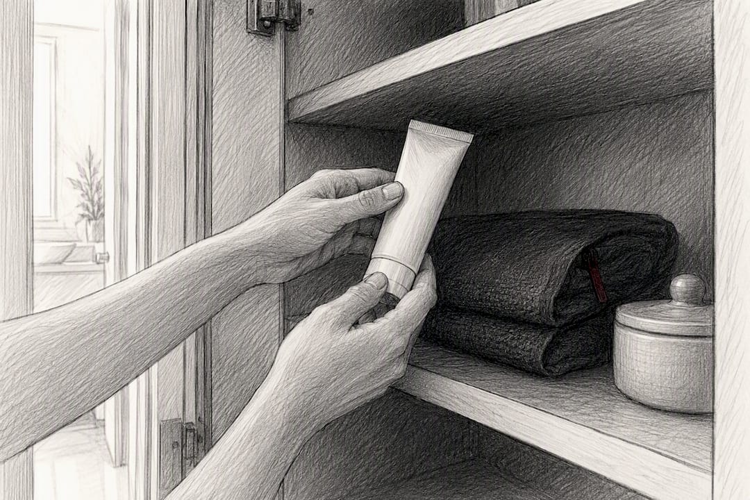 Opaque skincare tube stored in dark cabinet