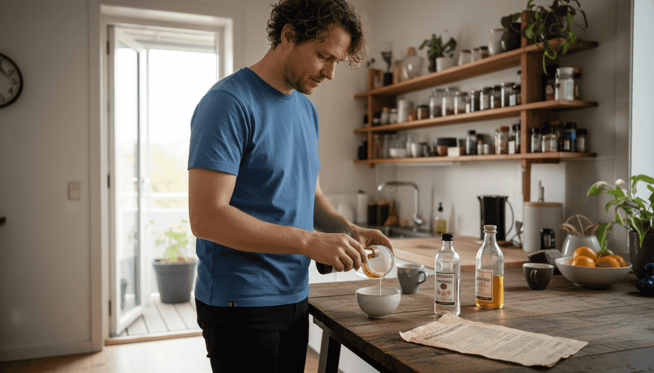 Mand mikser egne naturlige olier til hårpleje