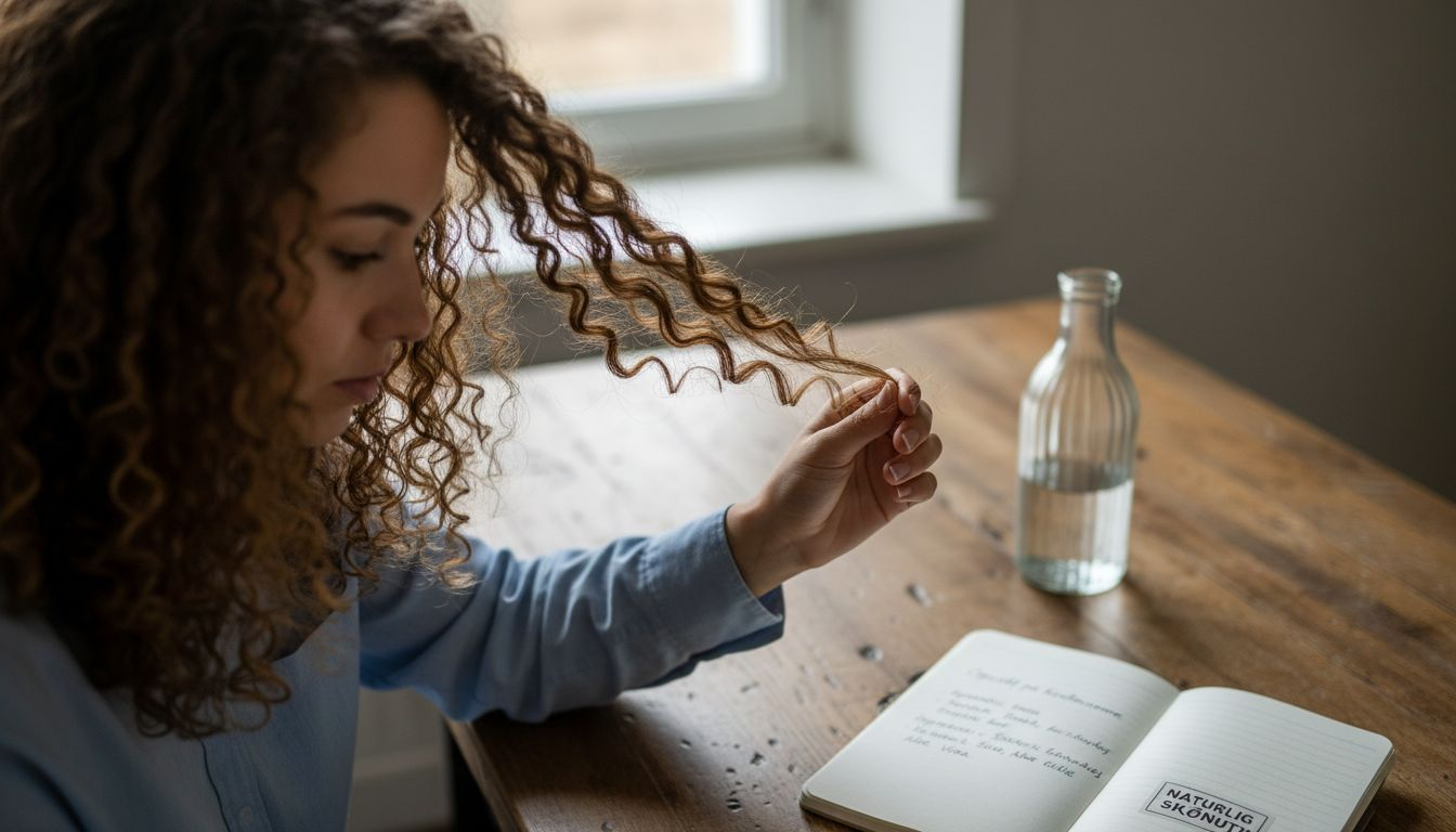 En hånd ses tæt på, mens den holder et krøllet hårstrå