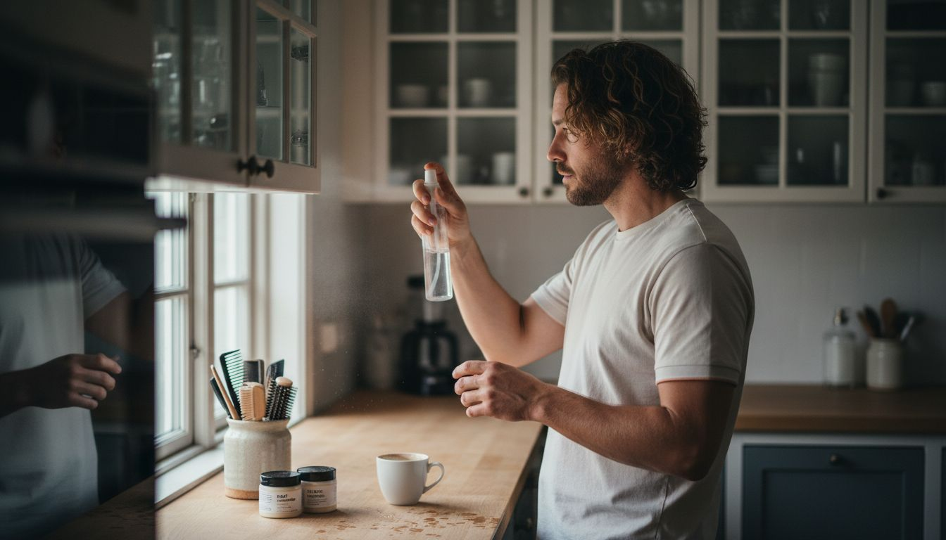 Mand frisker sine krøller op med lidt vand