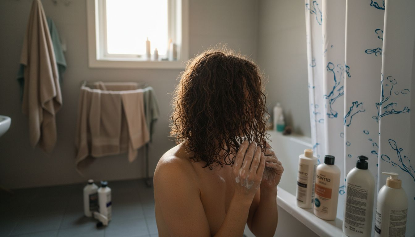 En kvinde masserer en dybdevirkende balsam ind i sit våde hår.