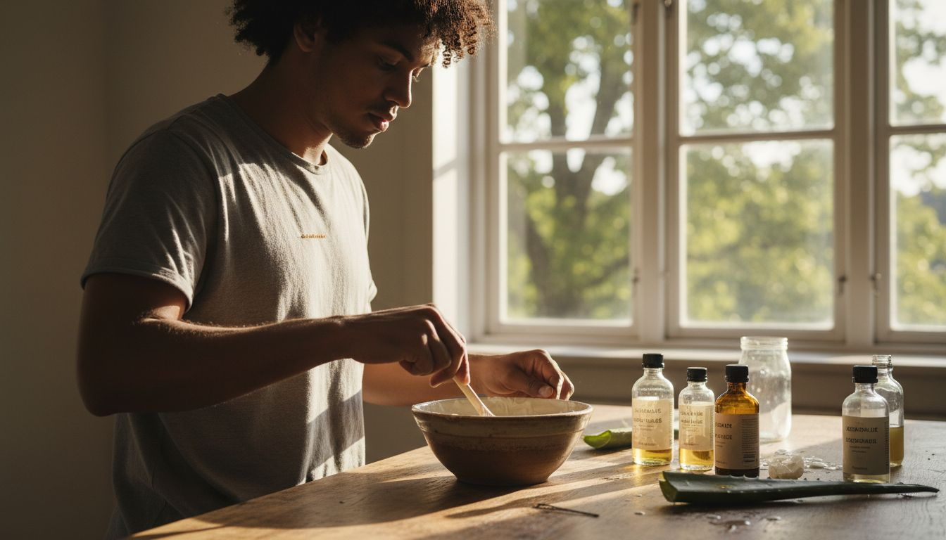 En mand står og blander naturlige ingredienser til pleje af krøllet hår.